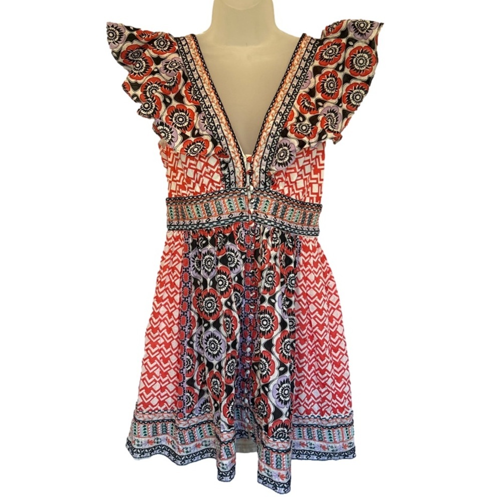 Anthropologie beaded & embroidered flutter sleeve dress buttons down front FUN!!